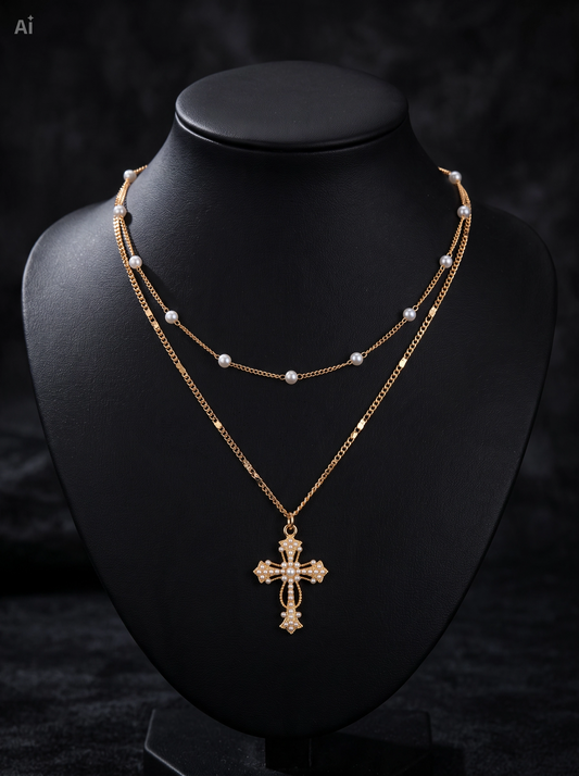 Gouden Kruis & Parel Ketting ✨ (18K Goudlook)