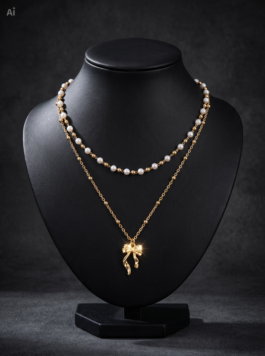 Gouden Parel & Strik Ketting ✨ (14K Goudlook)