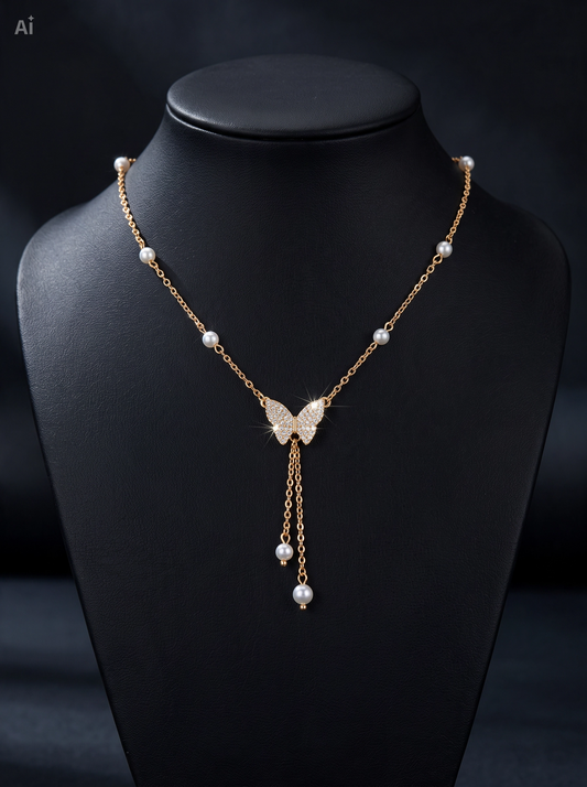 Gouden Vlinder & Parel Y-Ketting ✨ (14K Goudlook)